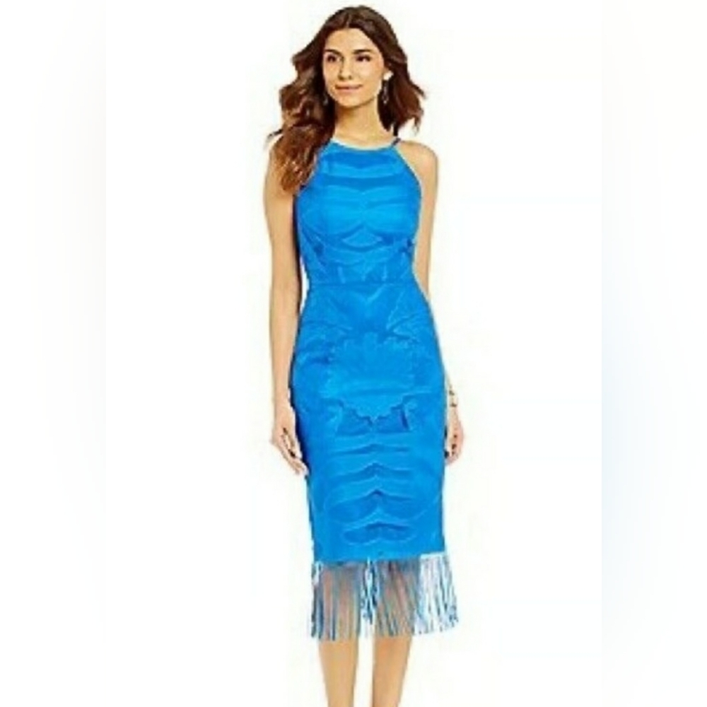 Gianni Bini 0 Elizabeth Fringe Dress Halter High Blue Lace Sheer‎ Detail Lined